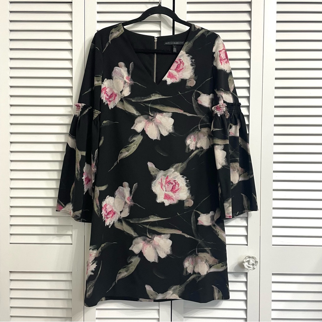 White House Black Market Bell Sleeve Shift Dress Size 4 Black Pink Floral